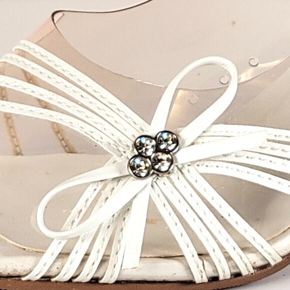 Annie White Slingback Sandals 6M Open Toe Clear Heel Strappy Bow Rhinestones - Picture 9 of 16